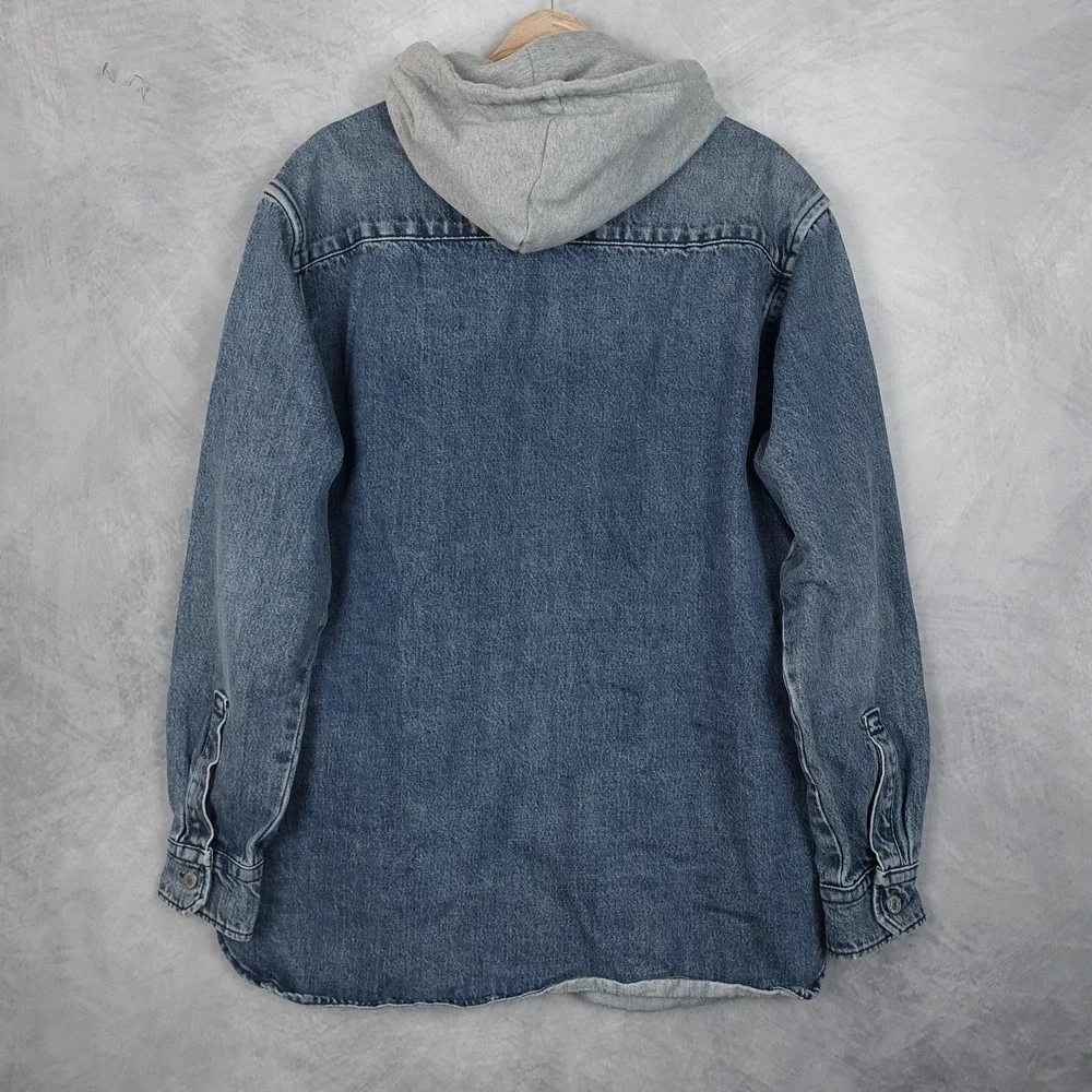 Levis Shirt Jacket Mens Medium Blue Denim Hooded Snap Front Workwear Shacket - Picture 10 of 15